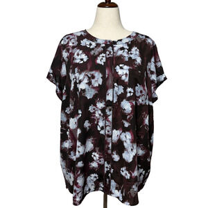 Simply Vera Wang Top Womens 2X Burgundy Black Floral Hidden Buttons Up Career